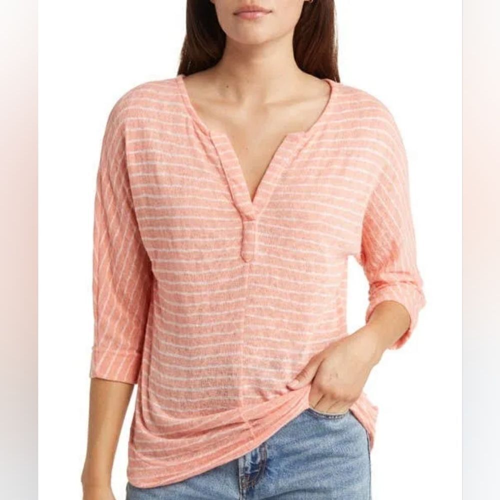 Caslon Stripe Split Neck Top in Coral- White NWOT